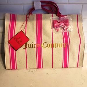 NWT Juicy Couture Canvas Hot Pink Striped w/ Bow Tote Shopping Beach Bag